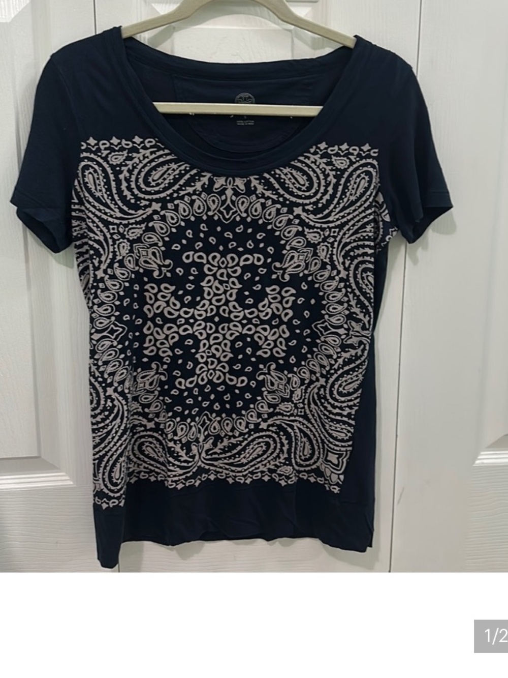 Tory Burch Women’s Short Sleeve Scoop Neck Top - Navy with Bandana Print